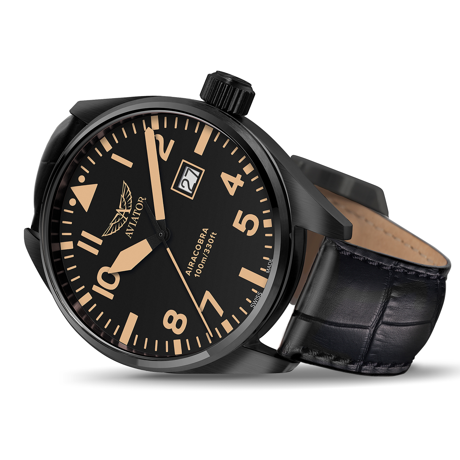 Aviator V12251574 zegarek czarny klasyczny Airacobra pasek