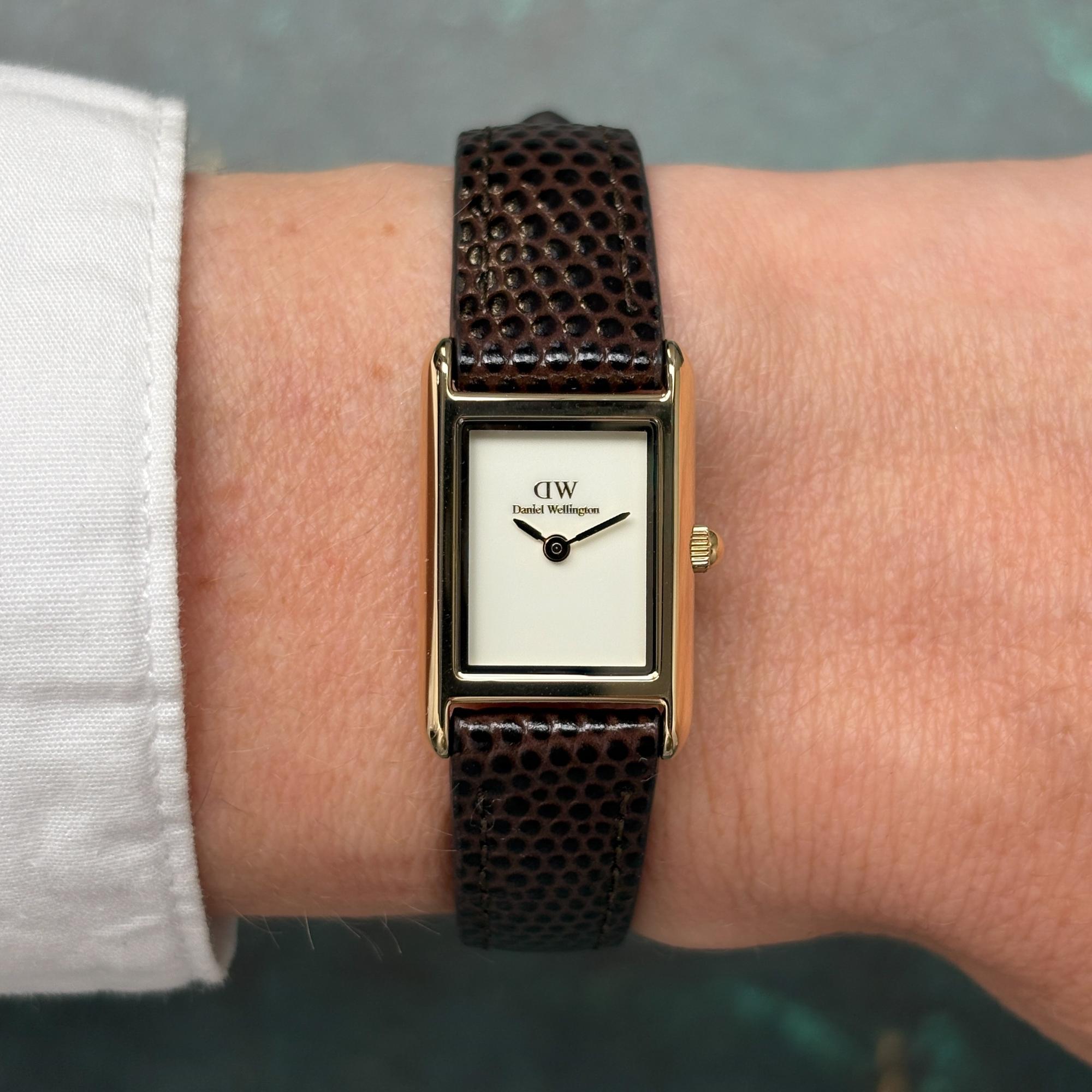 Daniel Wellington DW00100904 Bound Mini Dark Brown Lizard Gold Damskie klasyczny zegarek złoty