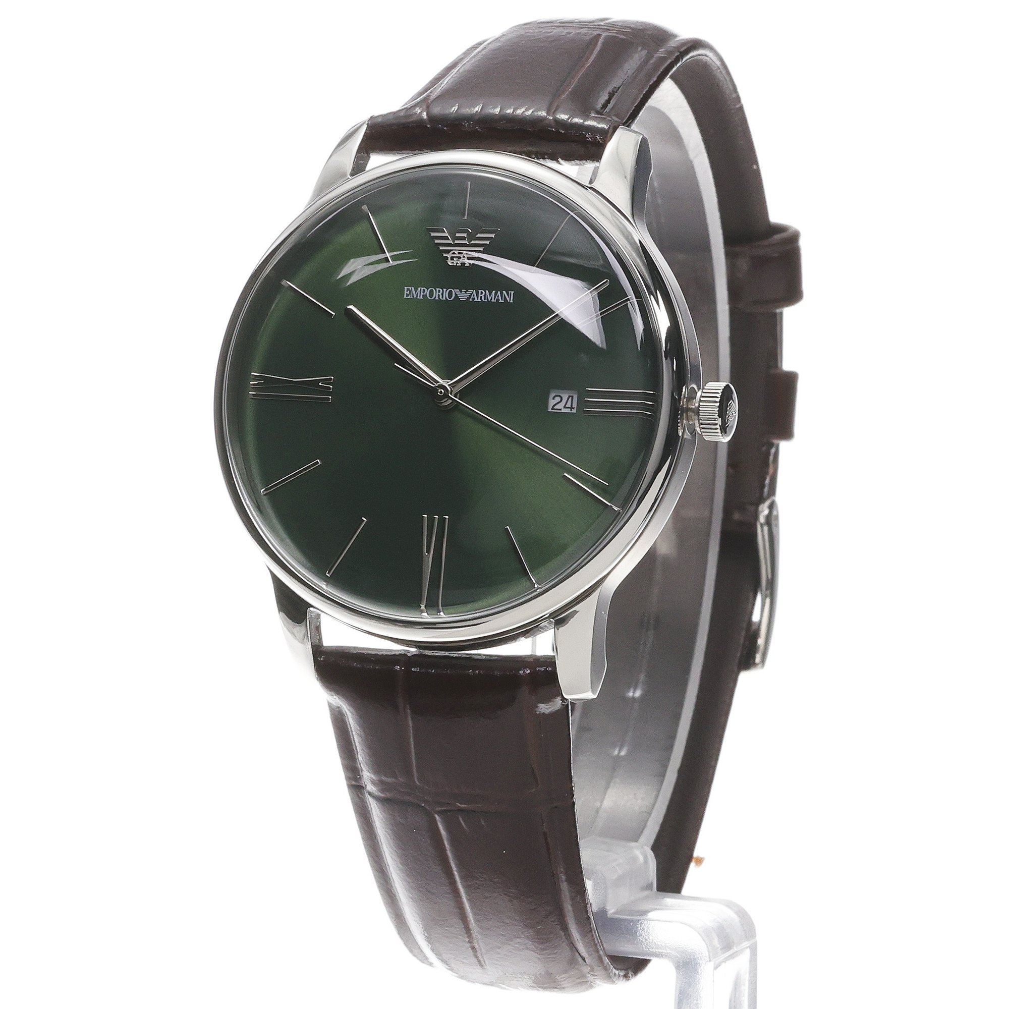 Emporio Armani AR11672 Three-Hand Date Brown Leather Watch Emporio Armani klasyczny zegarek srebrny - miniatura 2