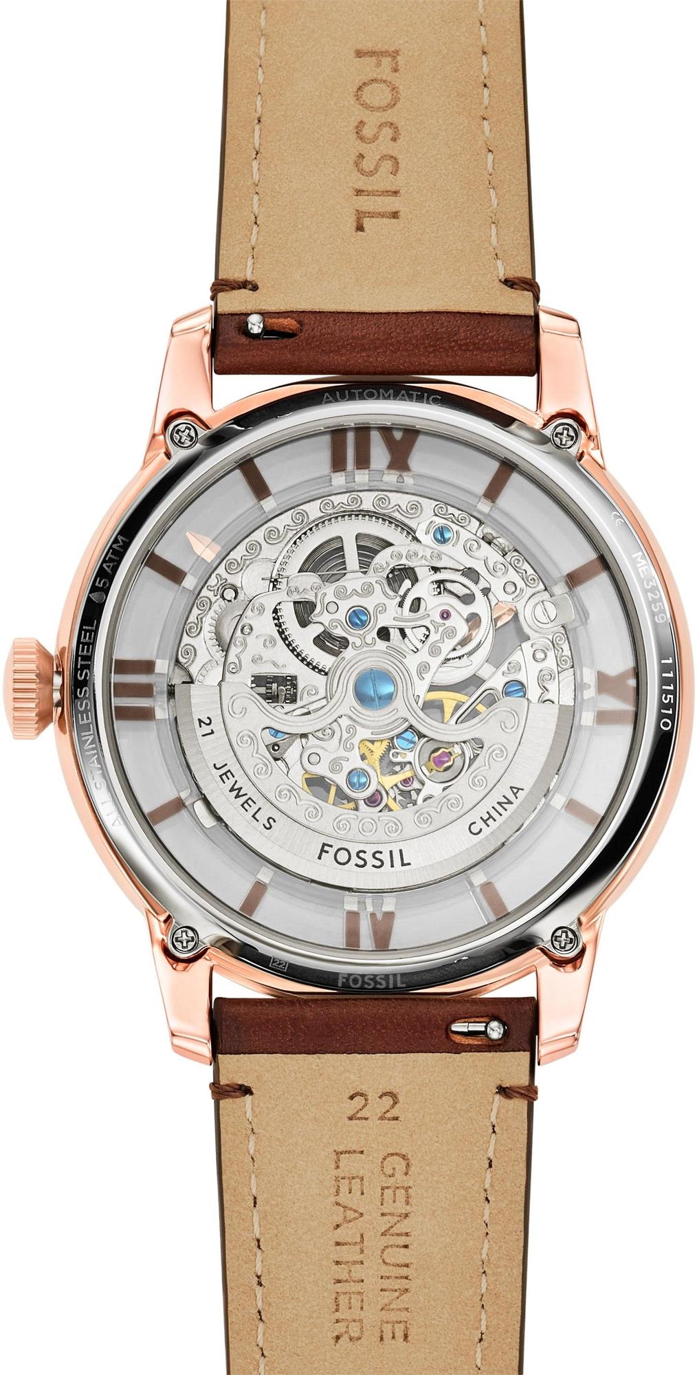 Fossil ME3259 TOWNSMAN AUTOMATIC Brown Leather Strap 44mm Townsman klasyczny zegarek różowe złoto - miniatura 7