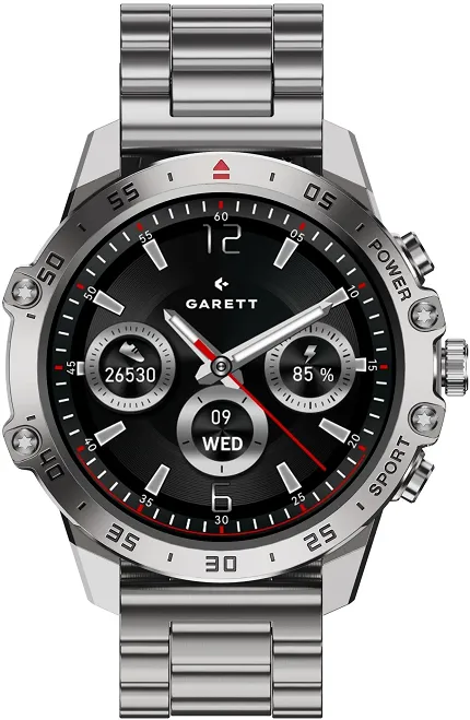 Garett 5904238486849-POWYSTAWOWY Męskie Smartwatch Garett V14 Srebrna Stal zestaw z paskiem