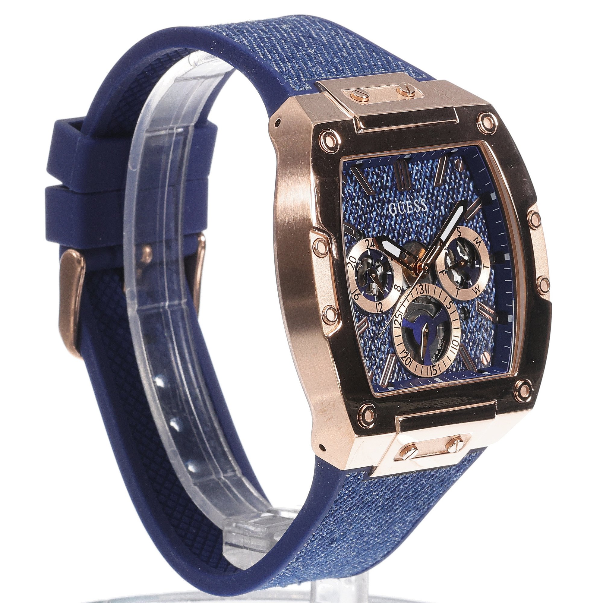 Guess GW0786G2 Blue Silicone Strap 43mm Męskie fashion-modowy zegarek różowe złoto