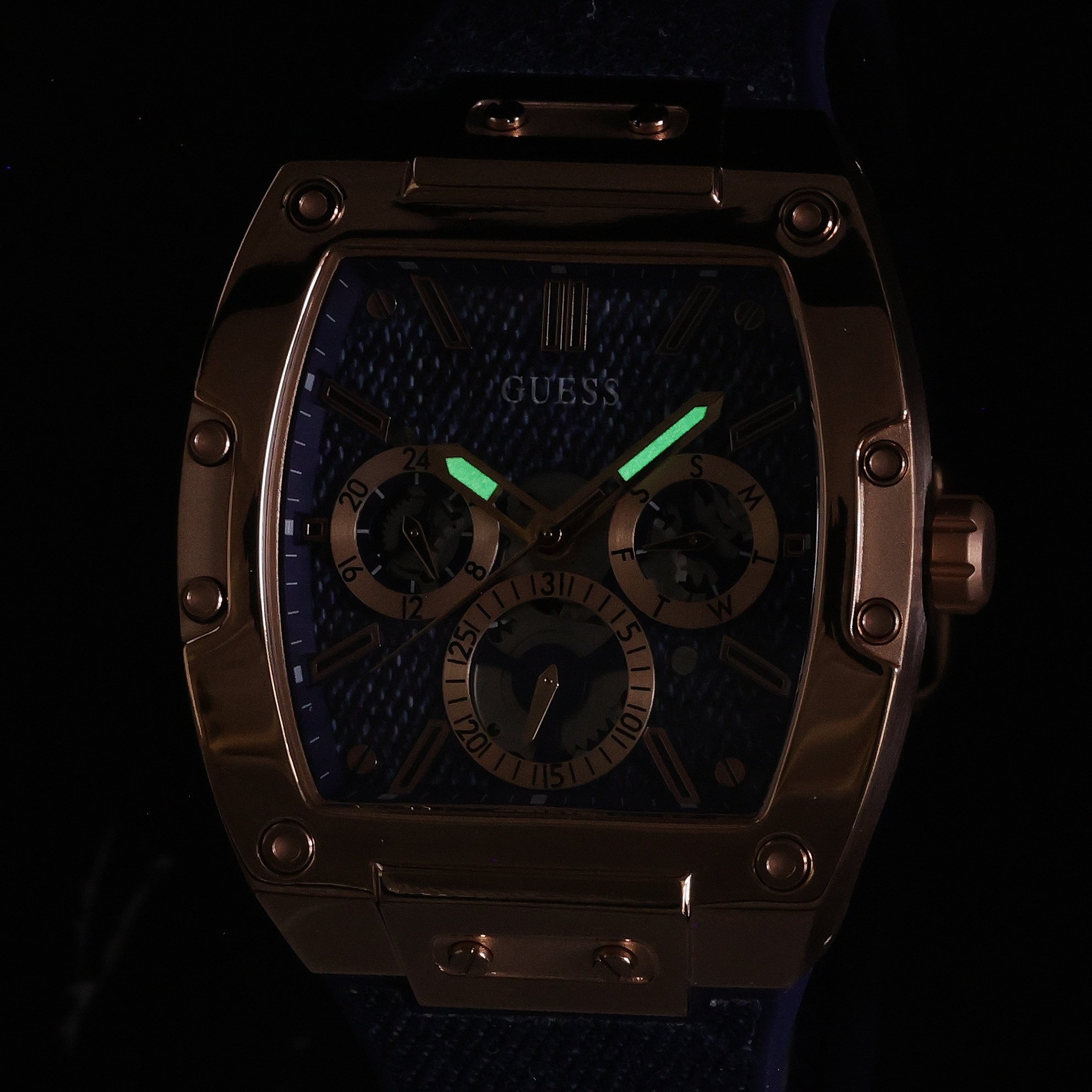 Guess GW0786G2 Blue Silicone Strap 43mm Męskie fashion-modowy zegarek różowe złoto