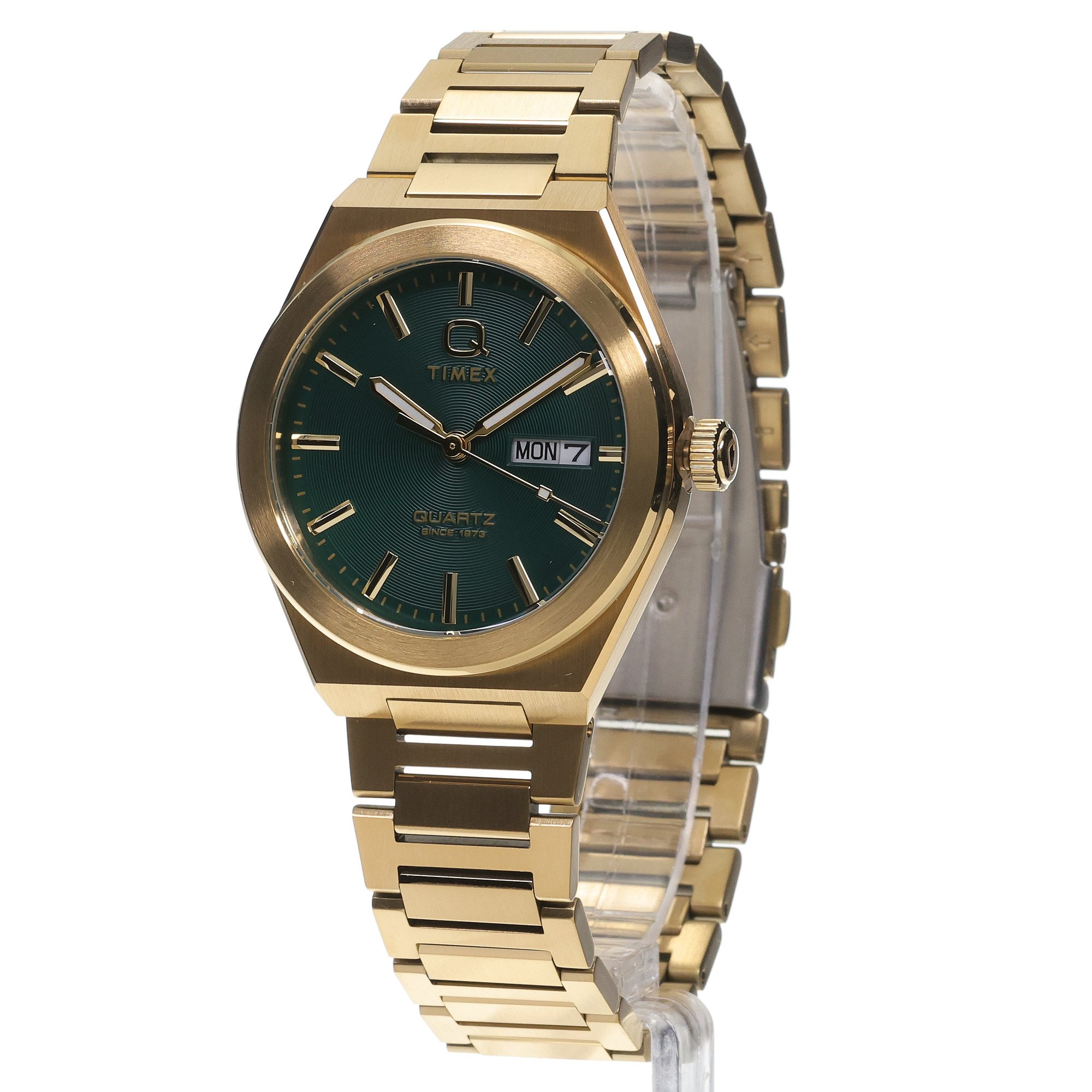 Timex TW2Y35100 Q Timex Continental Day and Date 39mm Stainless Steel Bracelet Watch Classic klasyczny zegarek złoty