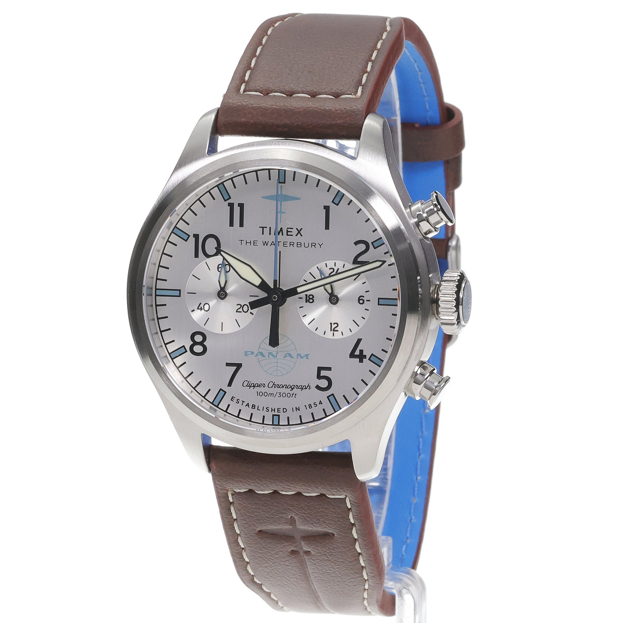 Timex TW2Y38700 Timex x Pan Am Waterbury Ace Chronograph 41mm Leather Strap Watch Classic klasyczny zegarek srebrny - miniatura 2