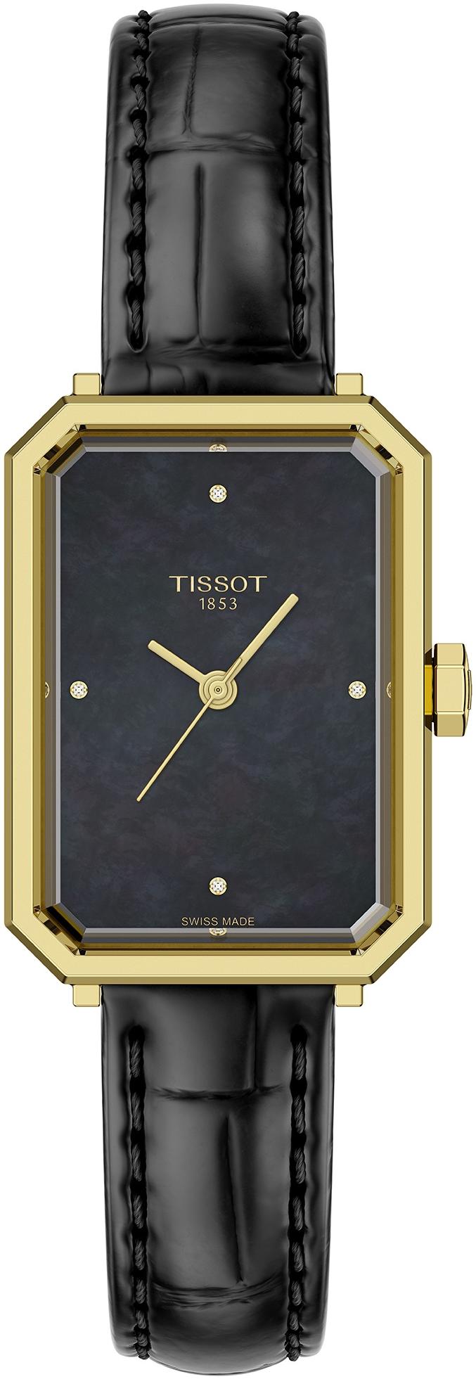 SRV 30mm Dark Pearl Dial Leather Strap Yellow Gold PVD Diamonds Tissot T160.110.36.126.00 