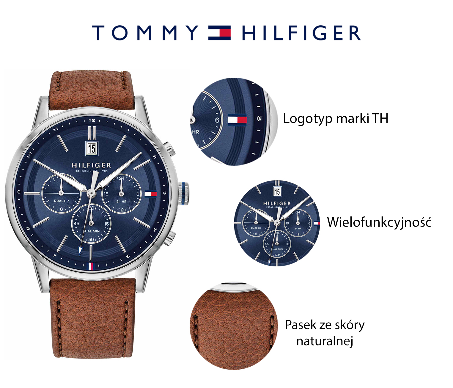 Tommy Hilfiger 1791629 zegarek srebrny klasyczny Męskie pasek