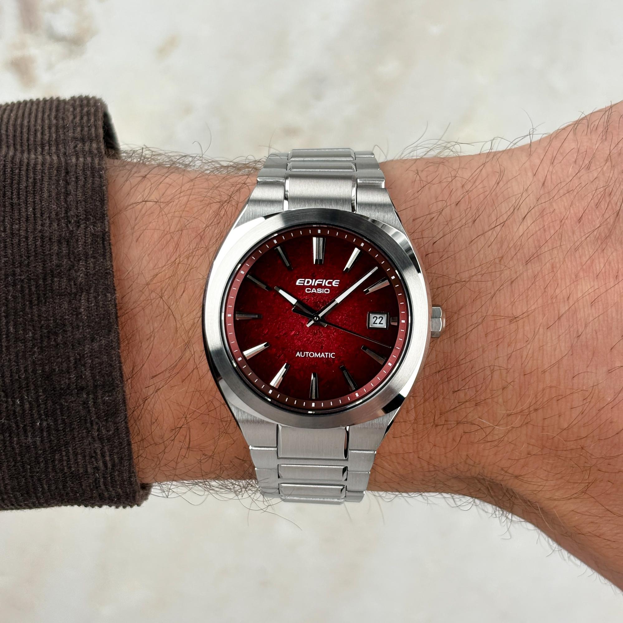 zegarek EDIFICE EFK-200D-4AER Automatic Electroformed Textured Red Dial 38 mm Edifice szafirowe