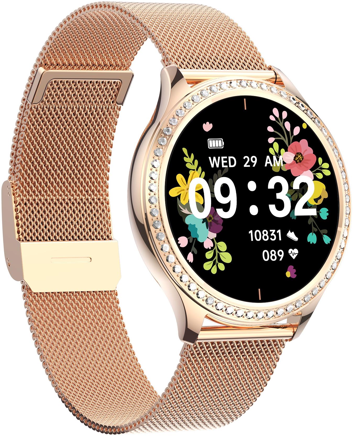 zegarek Hagen HC7411514155310-SET Smartwatch HC74 różowe złoto + beżowy pasek damski z krokomierz Smartwatch